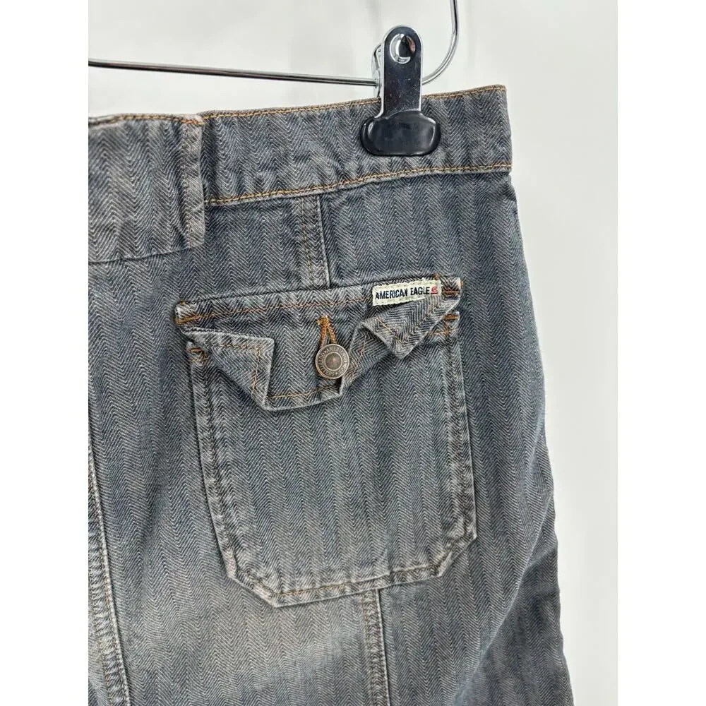 Vintage American Eagle Skirt Womens 8 Gray Blue Denim Jean Stripe Y2K 90s Pocket